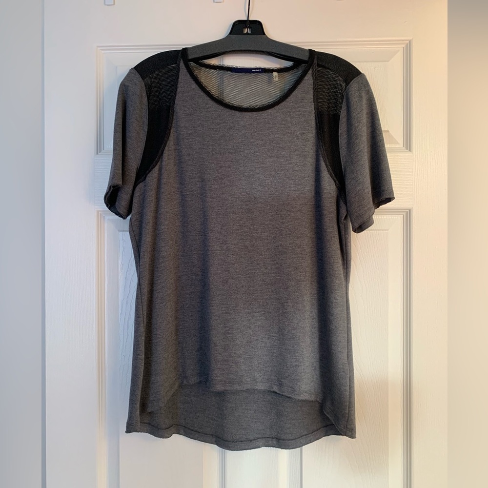 Eli Tahari grey jersey knit t-shirt with black mesh accent. Size L. Worn Once.